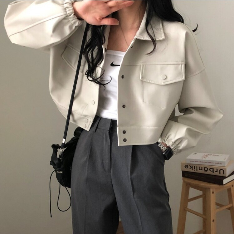 노제 크롭 오버핏 밴딩 레더 자켓 크림