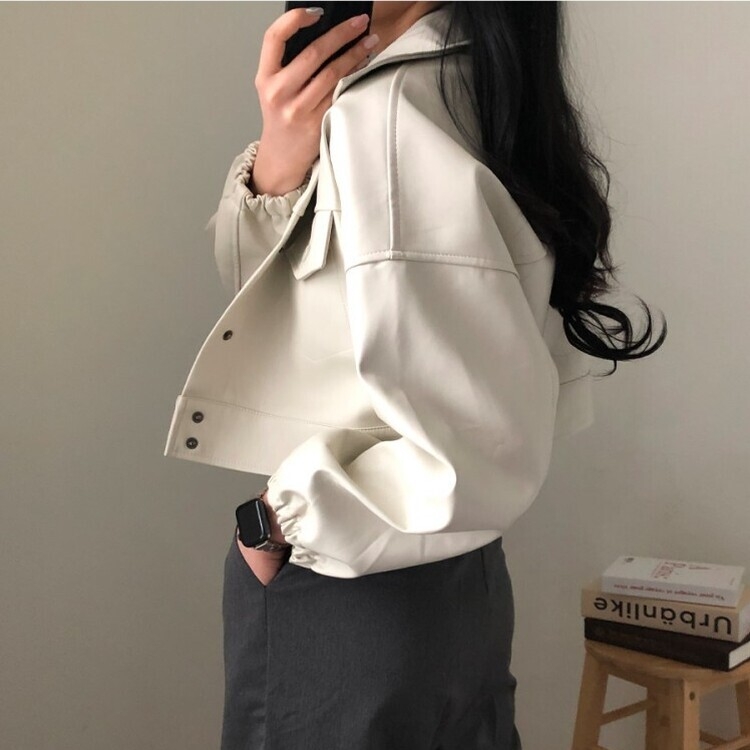 노제 크롭 오버핏 밴딩 레더 자켓 크림