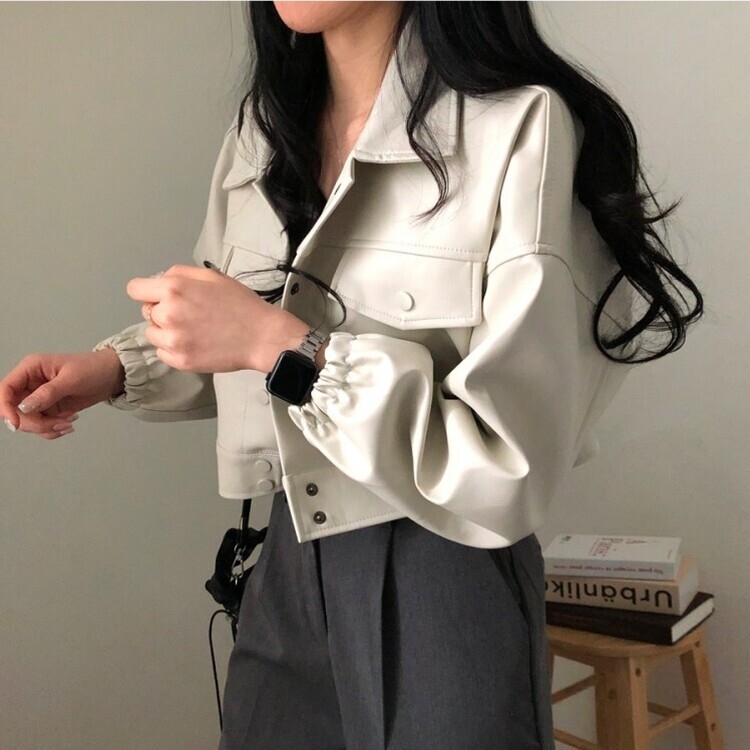 노제 크롭 오버핏 밴딩 레더 자켓 크림