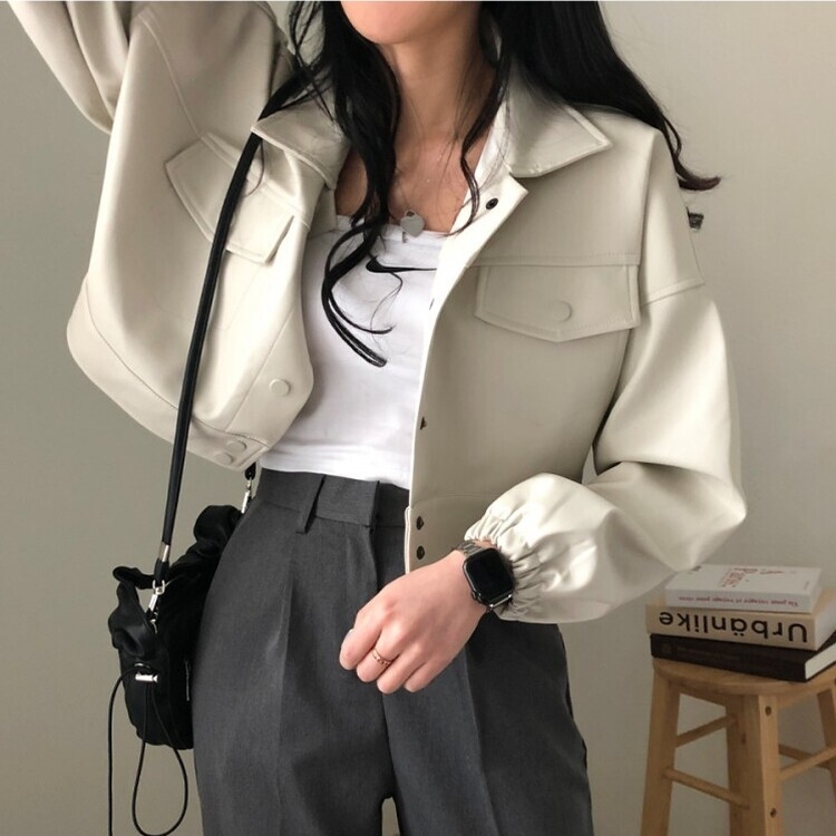 노제 크롭 오버핏 밴딩 레더 자켓 크림