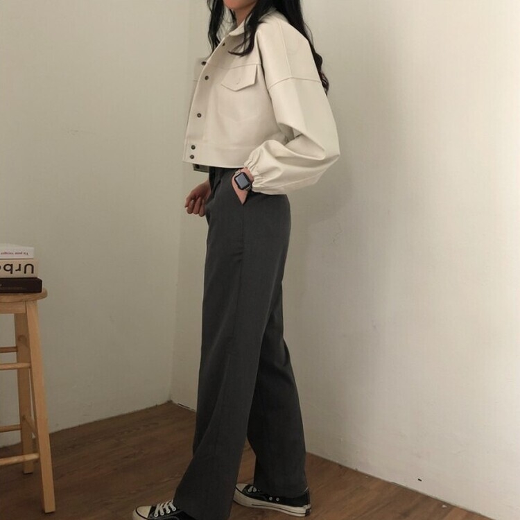 노제 크롭 오버핏 밴딩 레더 자켓 크림