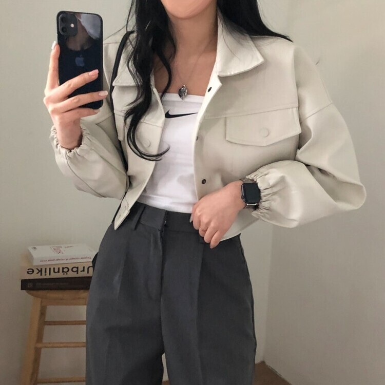 노제 크롭 오버핏 밴딩 레더 자켓 크림