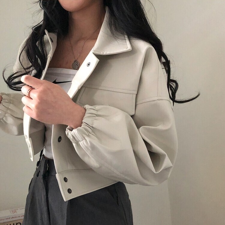 노제 크롭 오버핏 밴딩 레더 자켓 크림