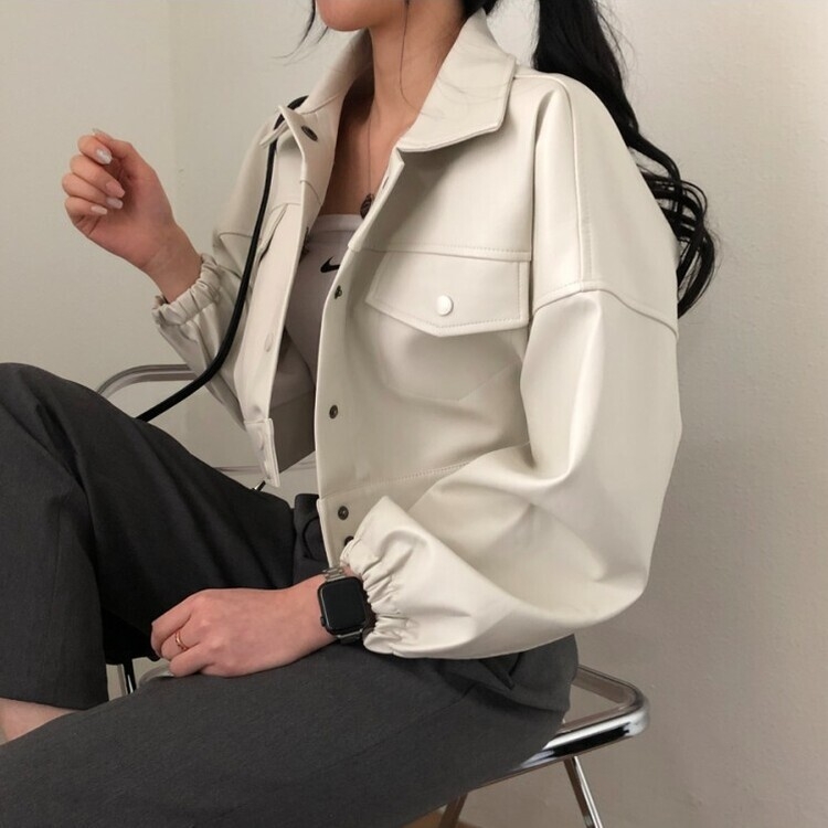 노제 크롭 오버핏 밴딩 레더 자켓 크림