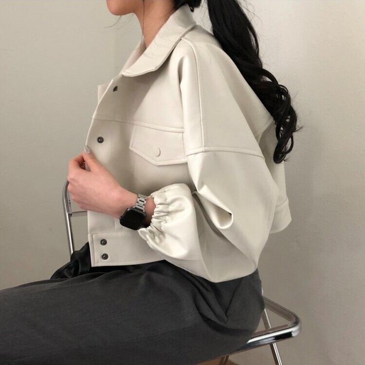 노제 크롭 오버핏 밴딩 레더 자켓 크림