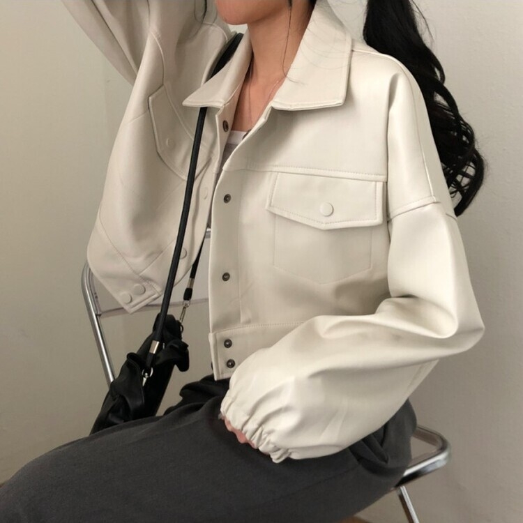 노제 크롭 오버핏 밴딩 레더 자켓 크림