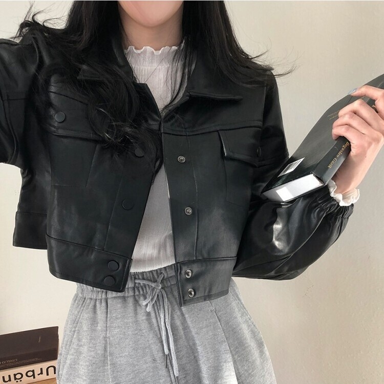 노제 크롭 오버핏 밴딩 레더 자켓 블랙