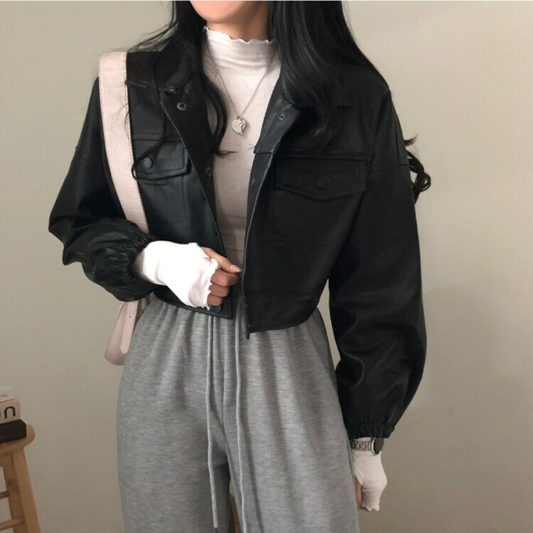 노제 크롭 오버핏 밴딩 레더 자켓 블랙