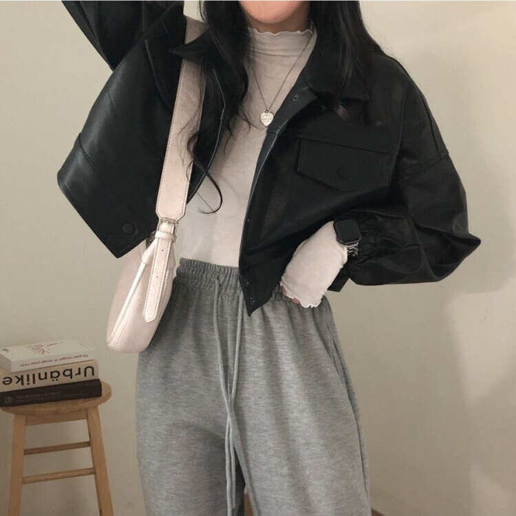 노제 크롭 오버핏 밴딩 레더 자켓 블랙