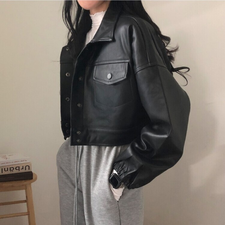 노제 크롭 오버핏 밴딩 레더 자켓 블랙