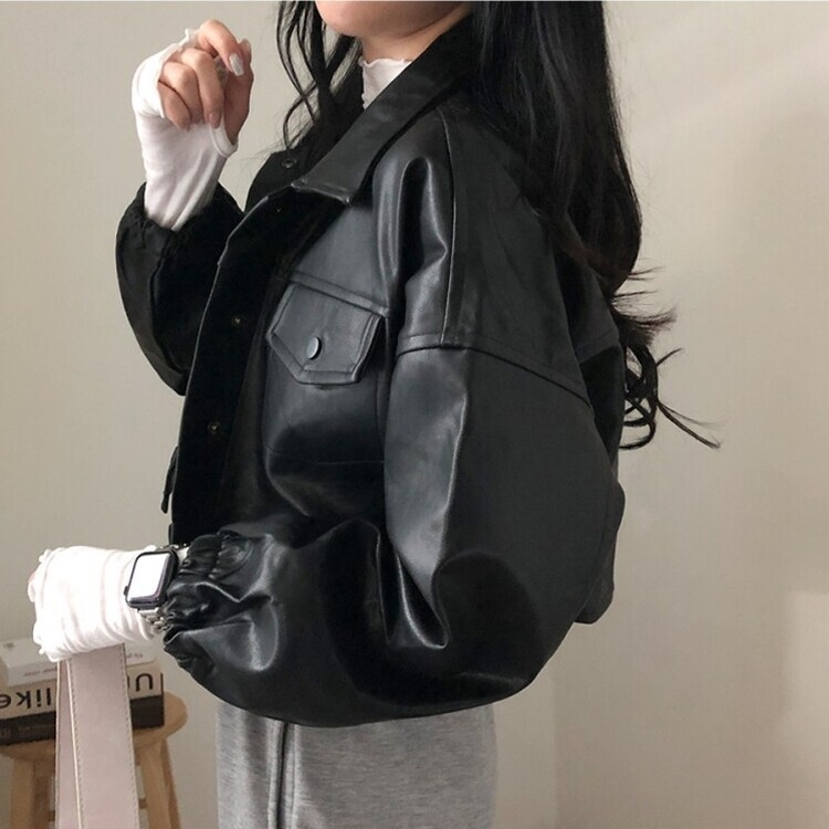 노제 크롭 오버핏 밴딩 레더 자켓 블랙