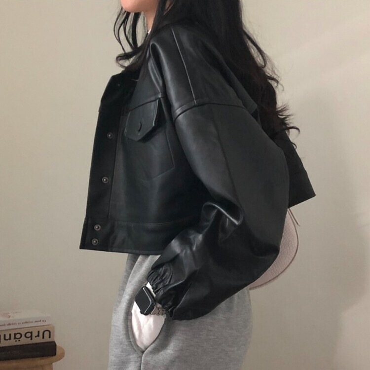 노제 크롭 오버핏 밴딩 레더 자켓 블랙