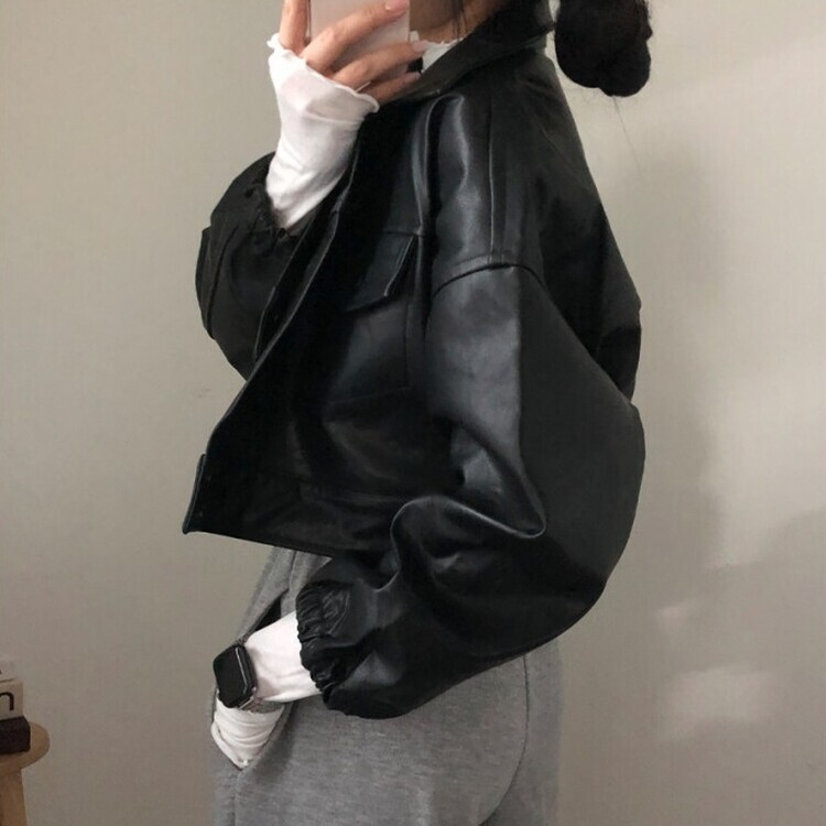 노제 크롭 오버핏 밴딩 레더 자켓 블랙