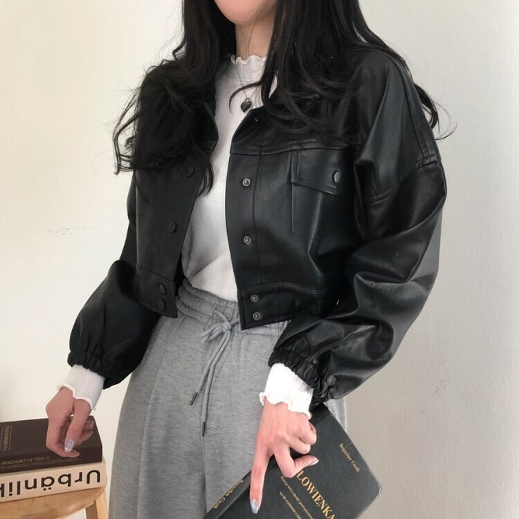 노제 크롭 오버핏 밴딩 레더 자켓 블랙