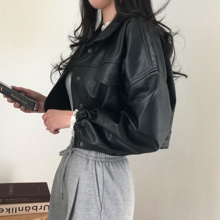 노제 크롭 오버핏 밴딩 레더 자켓 블랙