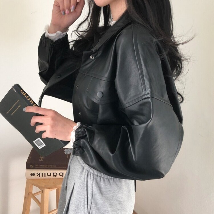 노제 크롭 오버핏 밴딩 레더 자켓 블랙