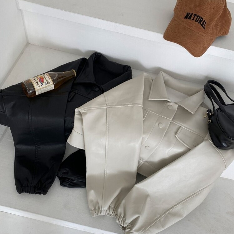 노제 크롭 오버핏 밴딩 레더 자켓