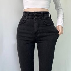 くびれフィットツーボタンハイウエストカットオフスキニー｜デニム