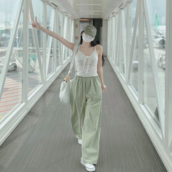 コットンパンツ リネンコットンバンディングロングワイドパンツ5色 Pale Green