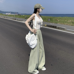 コットンパンツ リネンコットンバンディングロングワイドパンツ5色 Pale Green