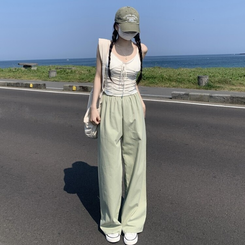 コットンパンツ リネンコットンバンディングロングワイドパンツ5色 Pale Green
