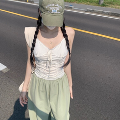 コットンパンツ リネンコットンバンディングロングワイドパンツ5色 Pale Green