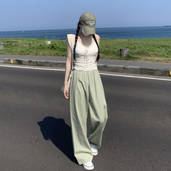 コットンパンツ リネンコットンバンディングロングワイドパンツ5色 Pale Green
