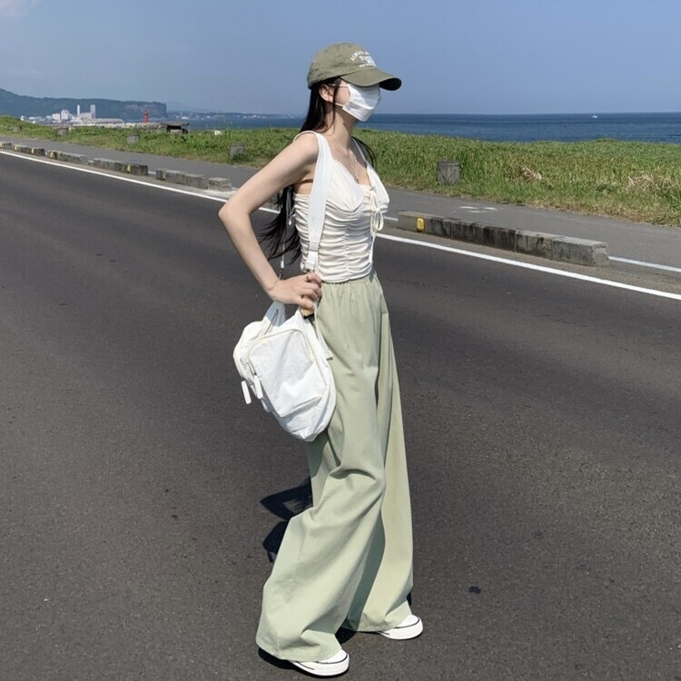 リネンコットンバンディングロングワイドパンツ5色 Pale Green