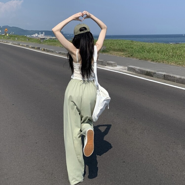 リネンコットンバンディングロングワイドパンツ5色 Pale Green