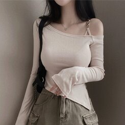 アンバランススリット長袖Tシャツ BEIGE