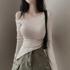 アンバランススリット長袖Tシャツ BEIGE