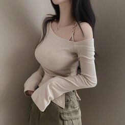 アンバランススリット長袖Tシャツ BEIGE