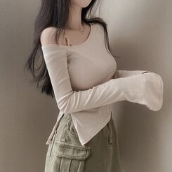 アンバランススリット長袖Tシャツ BEIGE