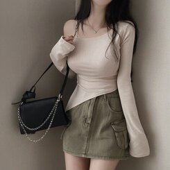 アンバランススリット長袖Tシャツ BEIGE