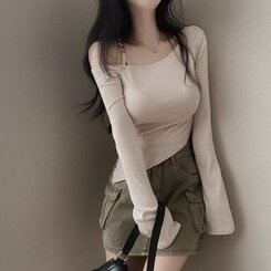 アンバランススリット長袖Tシャツ BEIGE