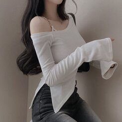 アンバランススリット長袖Tシャツ IVORY