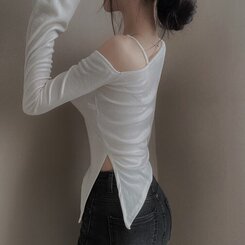 アンバランススリット長袖Tシャツ IVORY