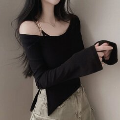 アンバランススリット長袖Tシャツ BLACK