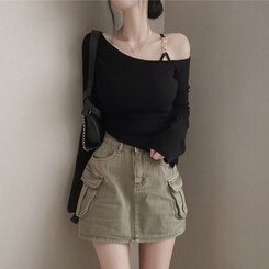 アンバランススリット長袖Tシャツ BLACK