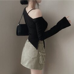 アンバランススリット長袖Tシャツ BLACK