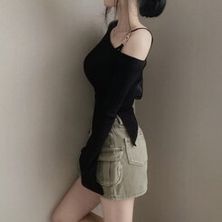 アンバランススリット長袖Tシャツ BLACK