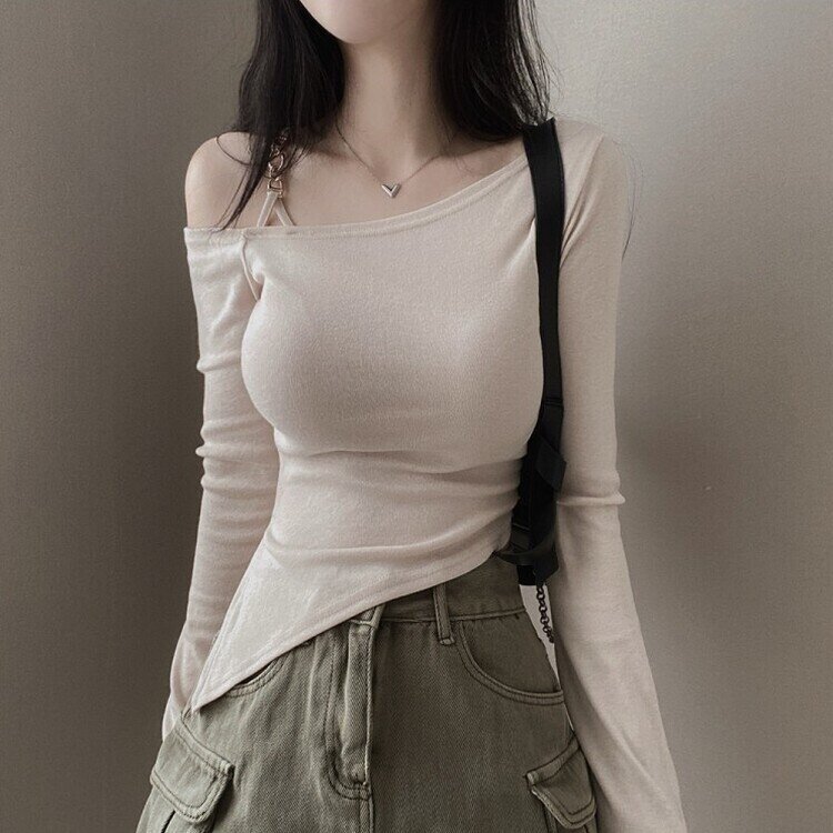 アンバランススリット長袖Tシャツ BEIGE