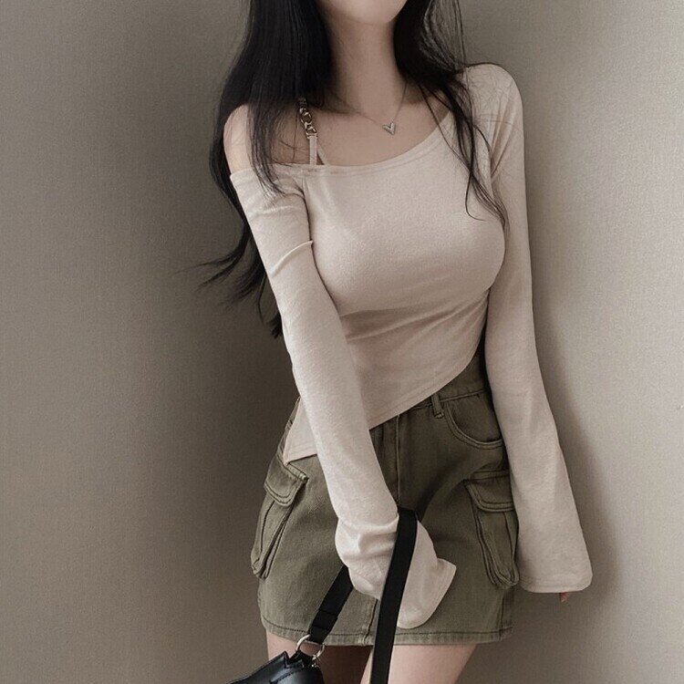 アンバランススリット長袖Tシャツ BEIGE