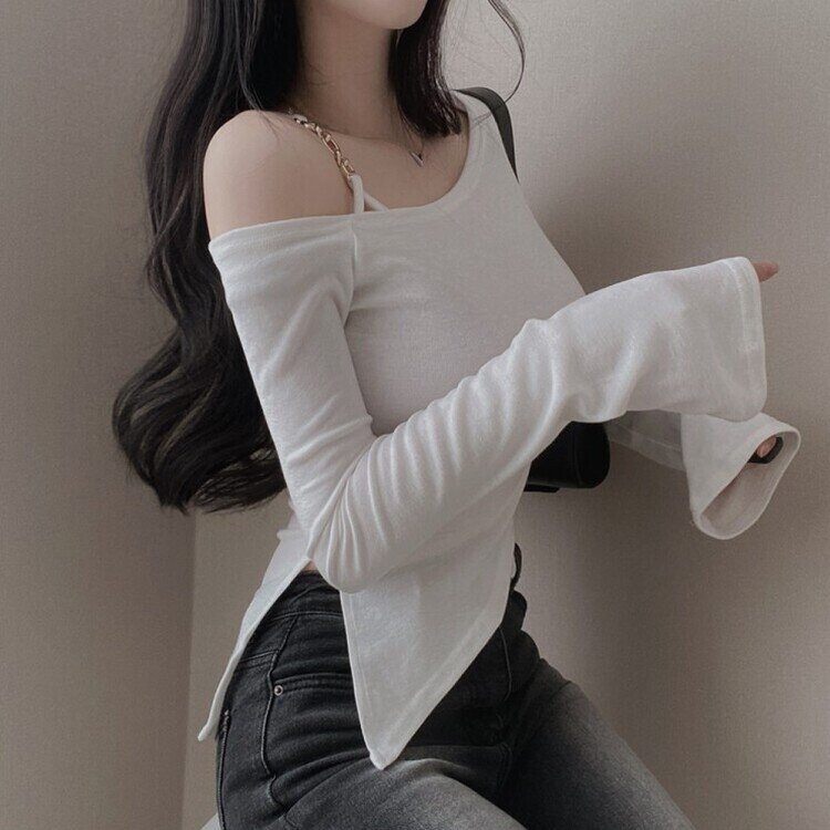 アンバランススリット長袖Tシャツ IVORY