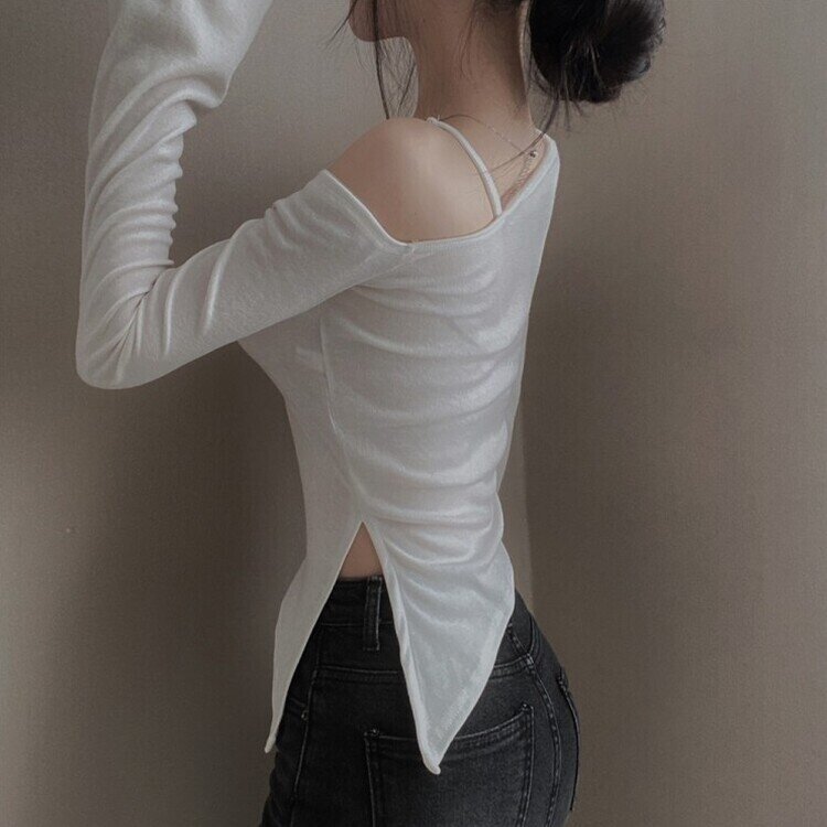 アンバランススリット長袖Tシャツ IVORY