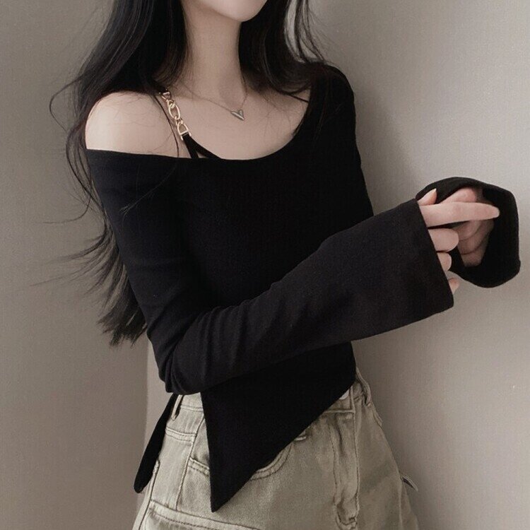 アンバランススリット長袖Tシャツ BLACK