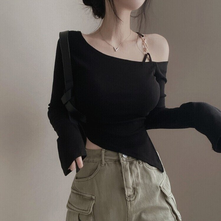 アンバランススリット長袖Tシャツ BLACK