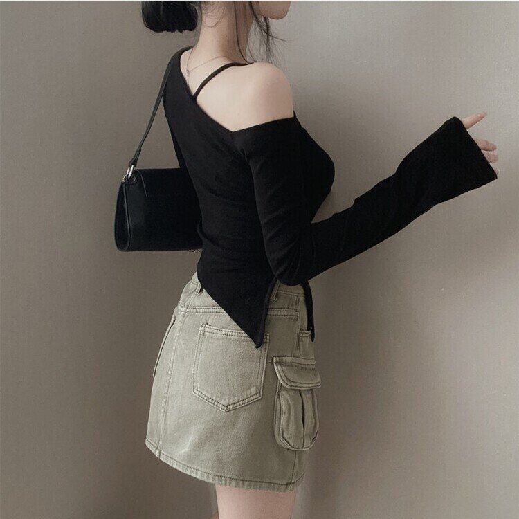 アンバランススリット長袖Tシャツ BLACK