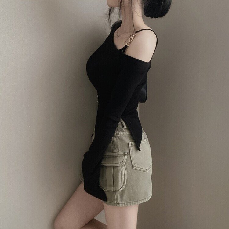 アンバランススリット長袖Tシャツ BLACK