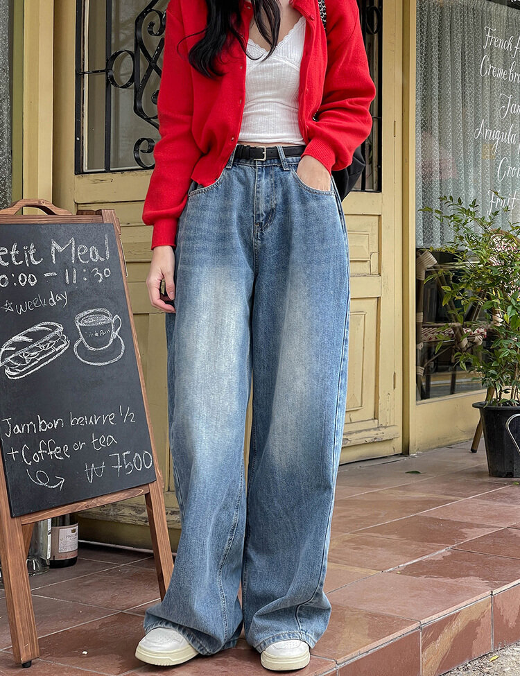 [숏/롱,S~XL,5컬러]  어반 빈티지 워싱 핀턱 와이드 롱 데님 팬츠 중청